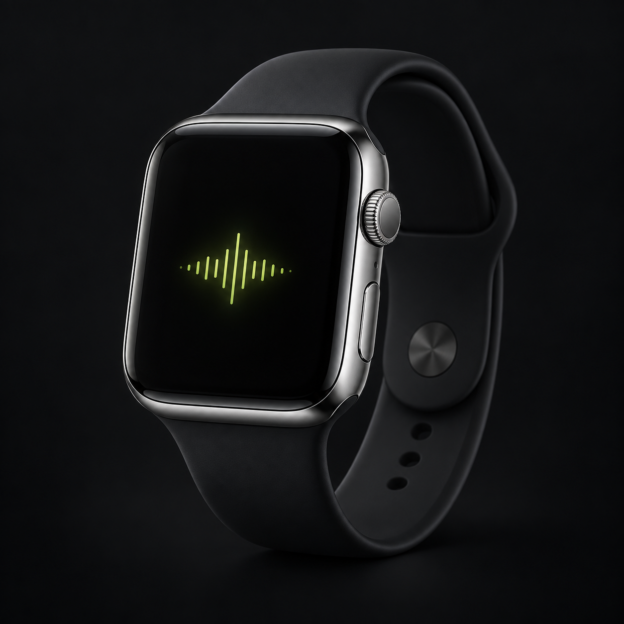 Concept illustration of a silver smartwatch with a green voice waveform